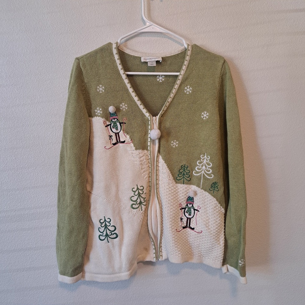 Christopher & Banks Green Winter Penguin Skiing Zip Up Cardigan Sweater Medium